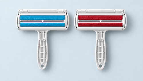 Pet Hair Remover Roller in blue and red, shown side by side