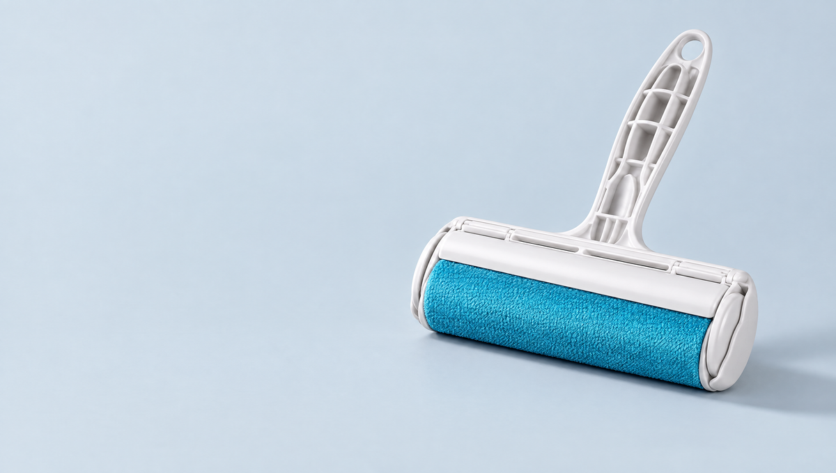 Pet hair remover roller resting on a pale blue-grey surface