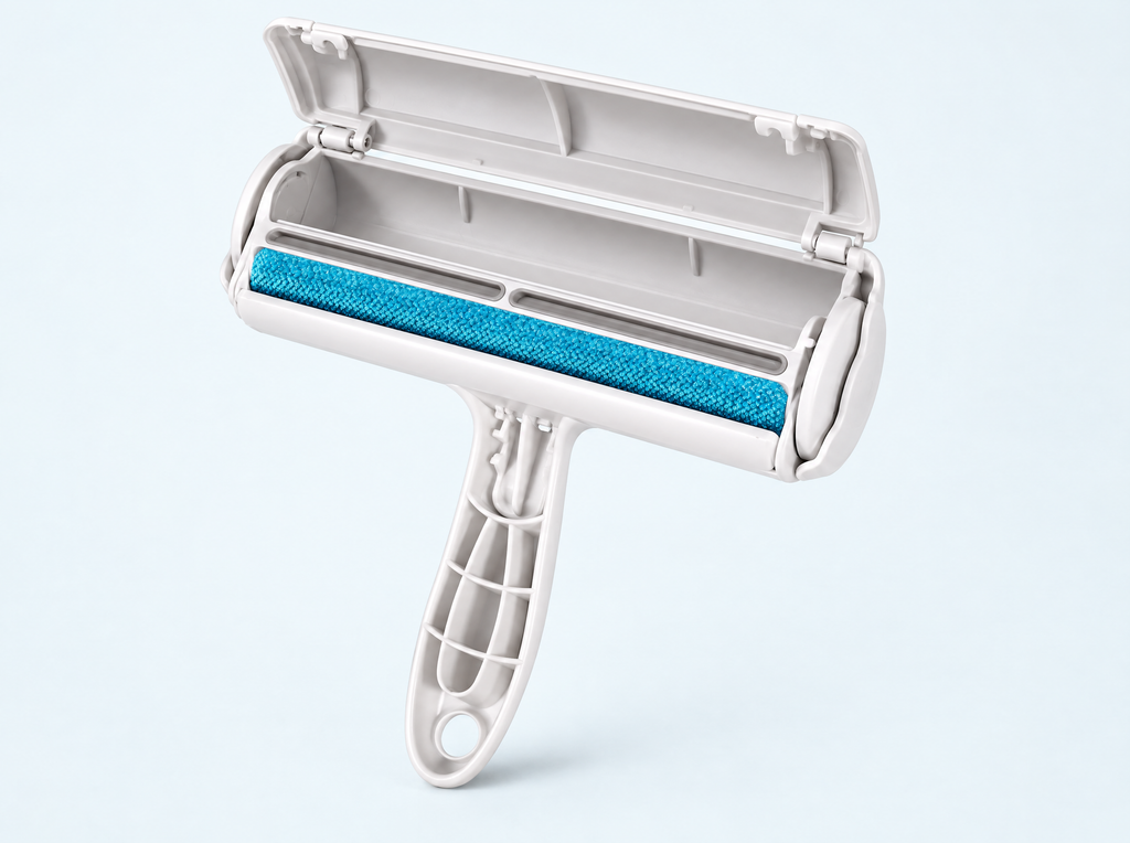 The roller with its lid open, showing the empty hair collection chamber