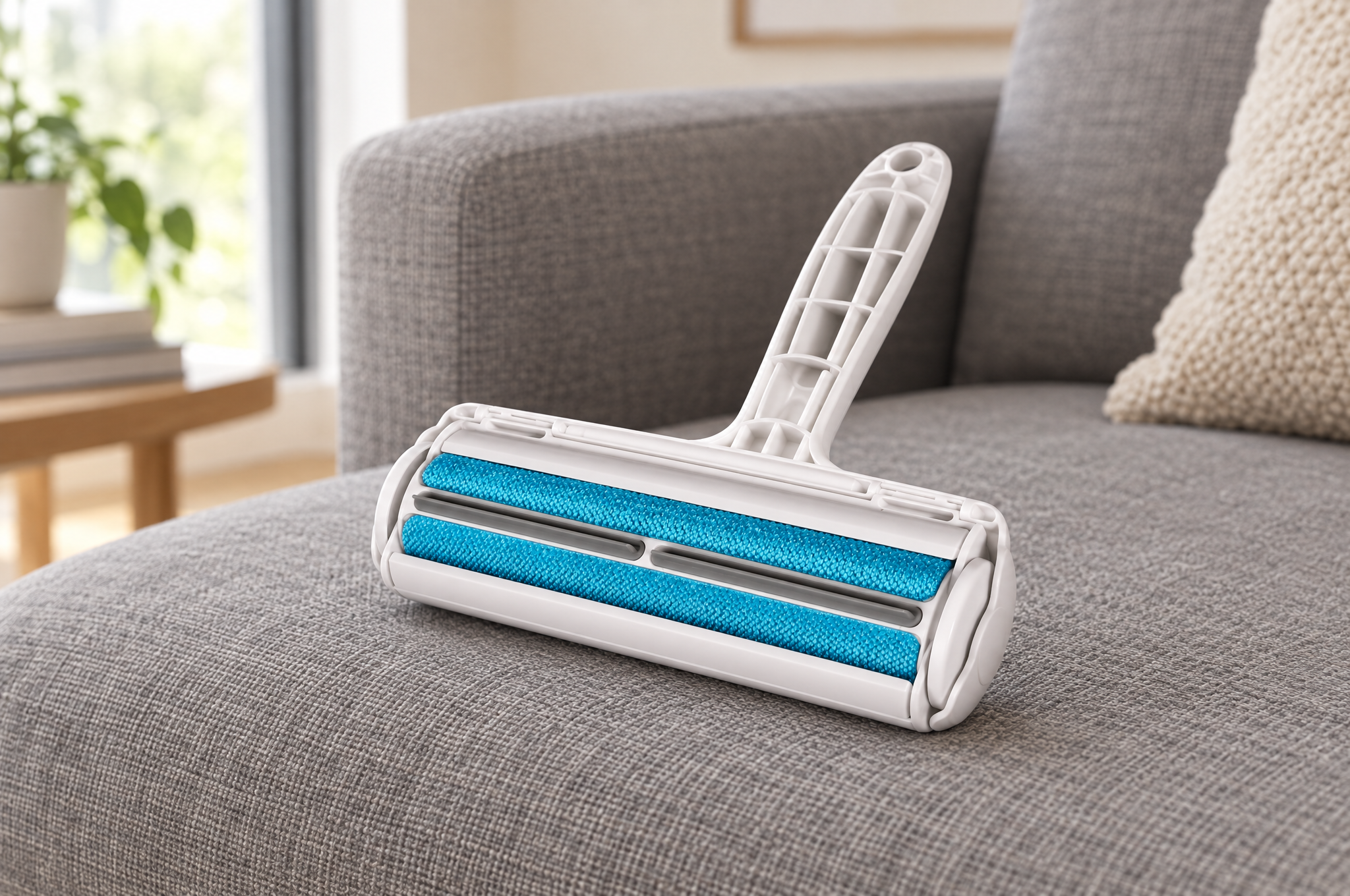 Pet hair remover roller resting on a grey linen sofa in daylight