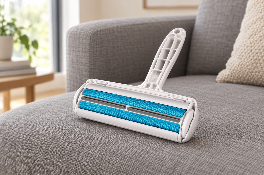 The roller resting on a grey linen sofa in daylight