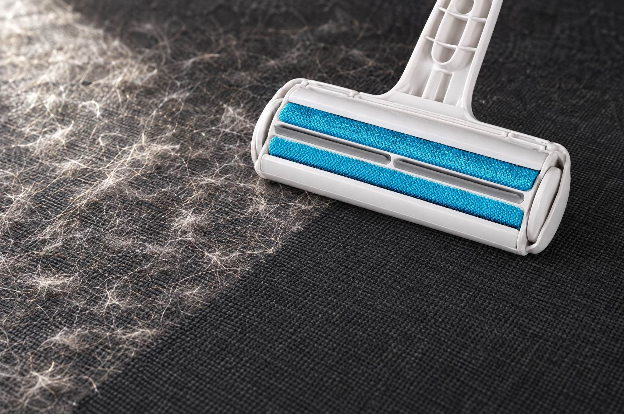 The roller at the end of a clean swept track through pet hair on dark upholstery