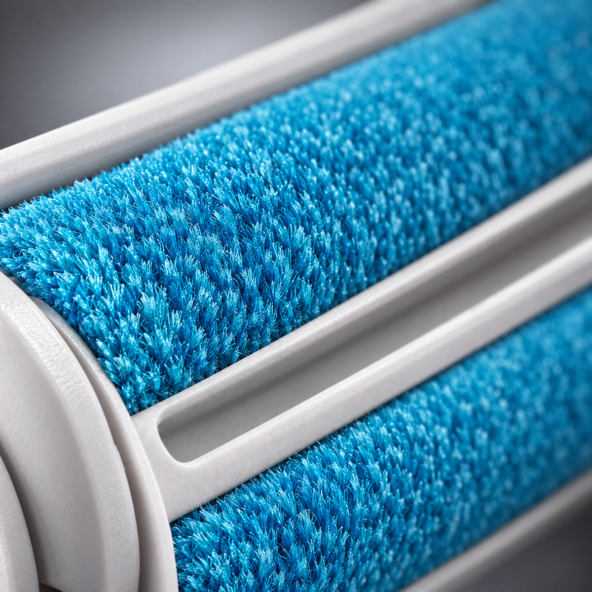 Macro detail of the blue brush fibres on the roller drum